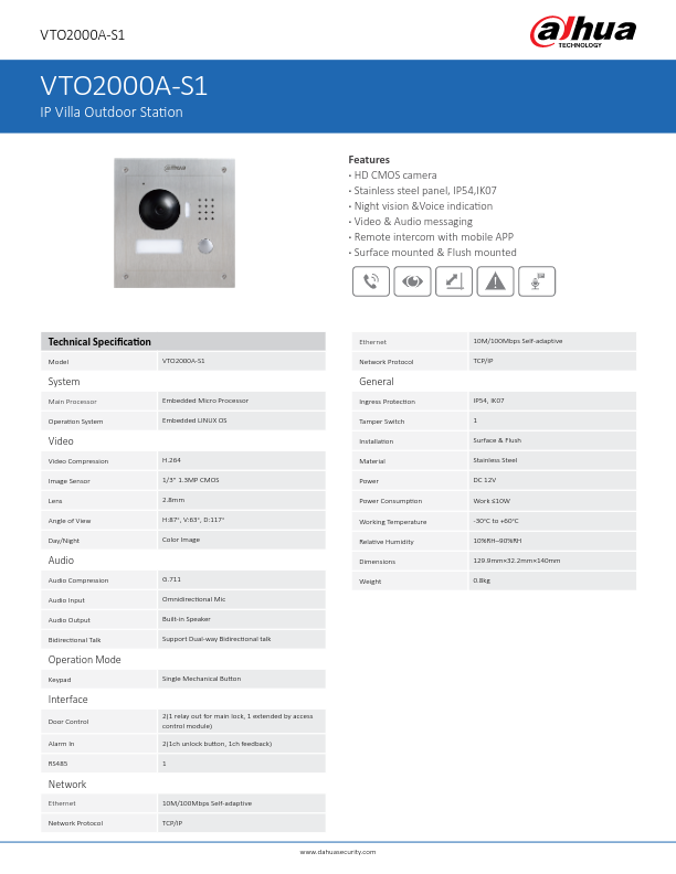 VTO2000A-S1 - Ficha Técnica Dahua