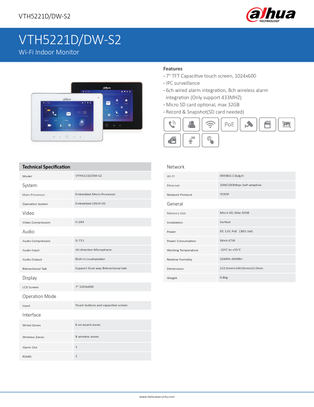 VTH5221D(W)-S2 - Ficha Técnica Dahua