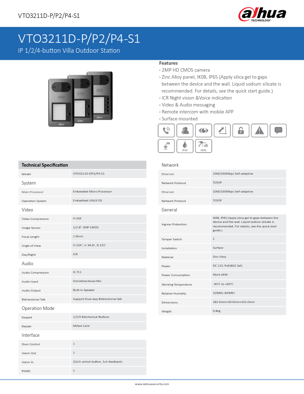 VTO3211D-P(2/4)-S1 - Ficha Técnica Dahua