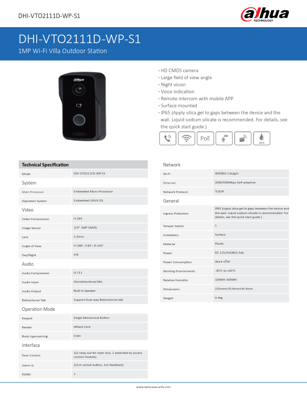 VTO2111D-WP-S1 - Ficha Técnica Dahua