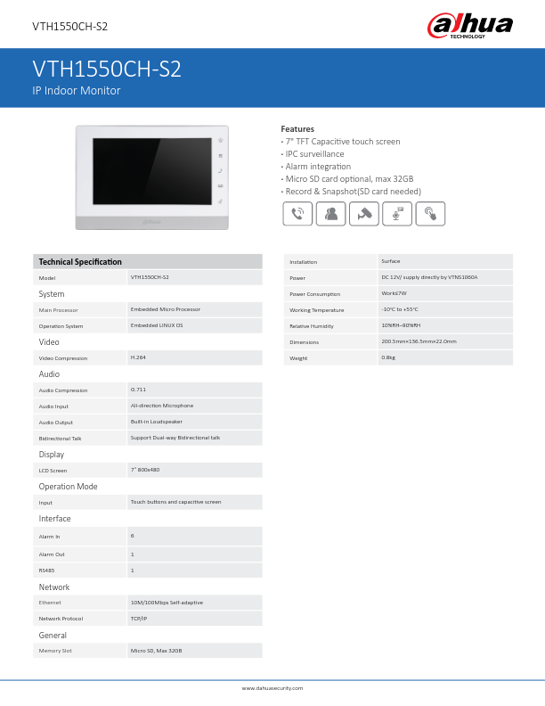 VTH1550CH-S2 - Ficha Técnica Dahua