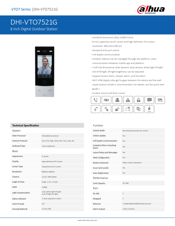 VTO7521G - Ficha Técnica Dahua