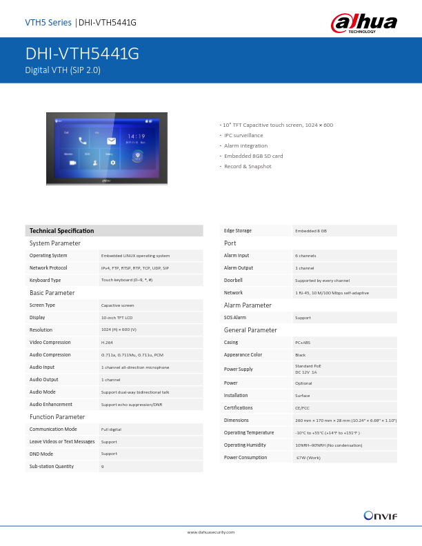 VTH5441G - Ficha Técnica Dahua