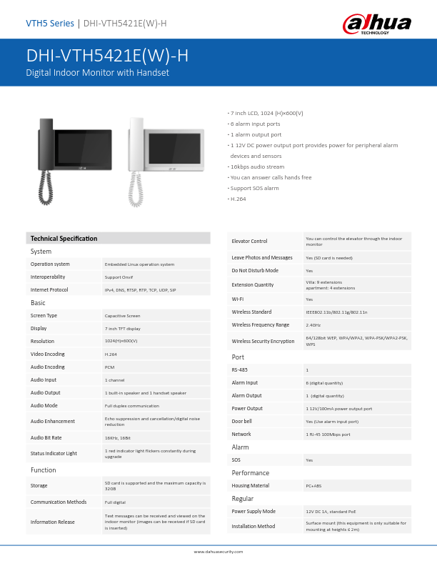 VTH5421E(W)-H - Ficha Técnica Dahua
