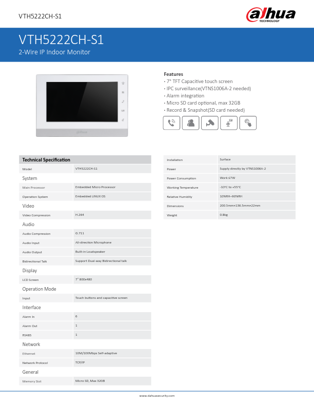 VTH5222CH-S1 - Ficha Técnica Dahua