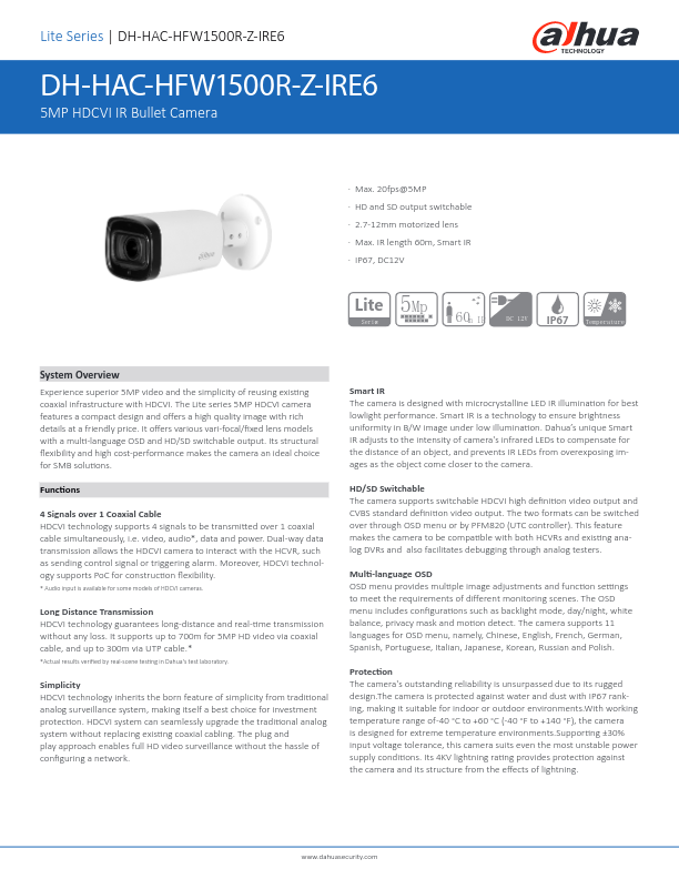 HAC-HFW1500R-Z-IRE6 - Ficha Técnica Dahua