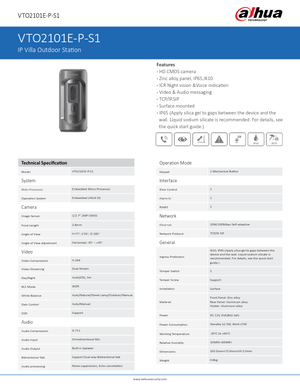 VTO2101E-P-S1 - Ficha Técnica Dahua