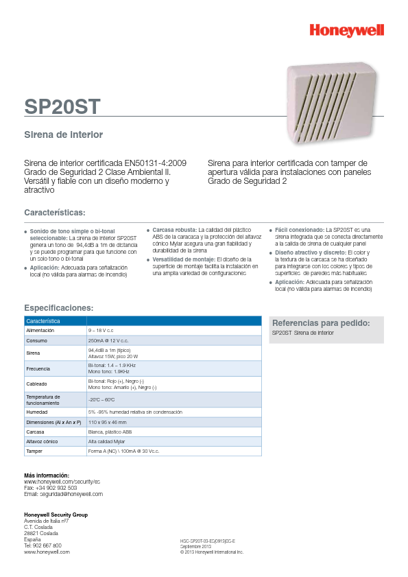 SP20ST - Ficha Técnica Honeywell