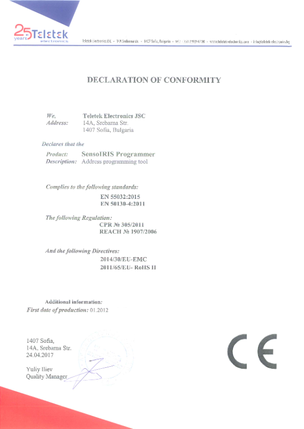 SENSOIRIS-PROGRAMMER - Certificado CE