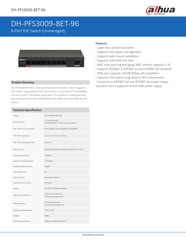 PFS3009-8ET-96 - Ficha Técnica Dahua