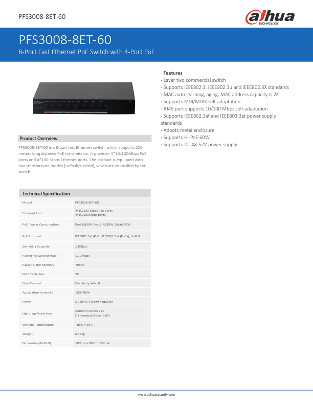 PFS3008-8ET-60 - Ficha Técnica Dahua
