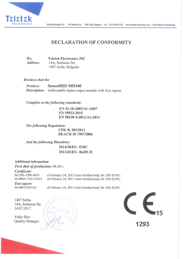 SENSOIRIS-MIO40 - Certificado CE