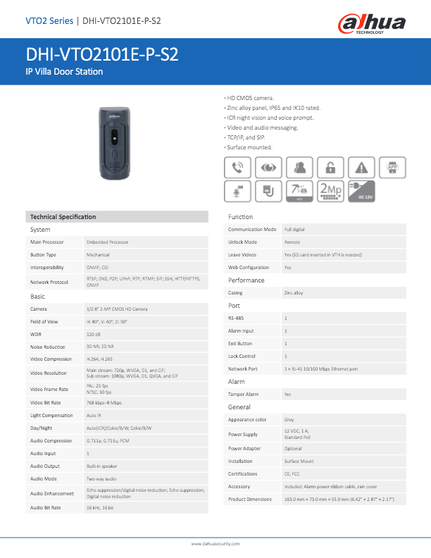 VTO2101E-P-S2 - Ficha Técnica Dahua