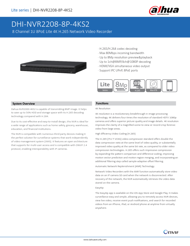 NVR2208-8P-4KS2 - Ficha Técnica Dahua
