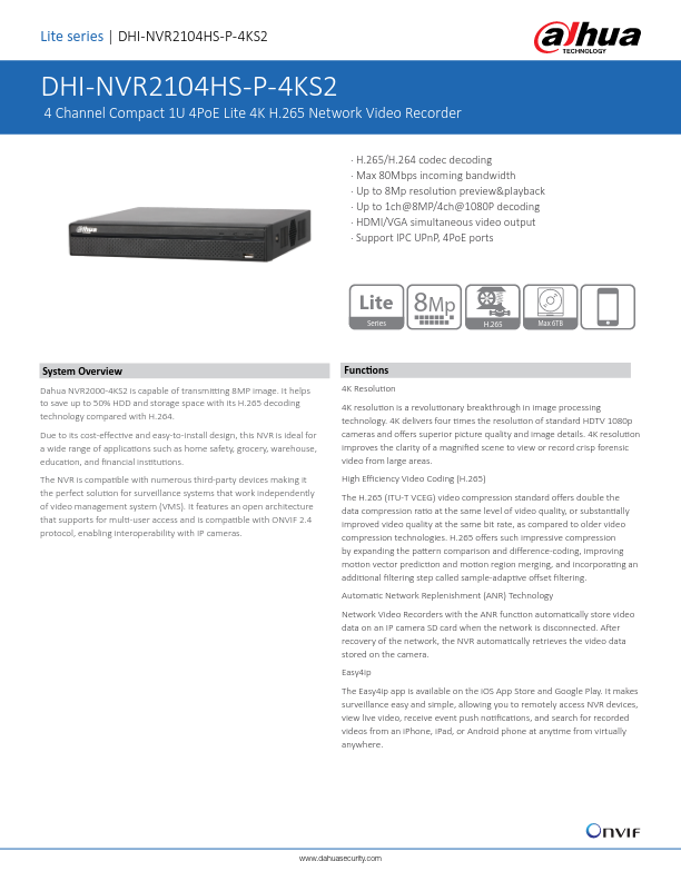 NVR2104HS-P-4KS2 - Ficha Técnica Dahua